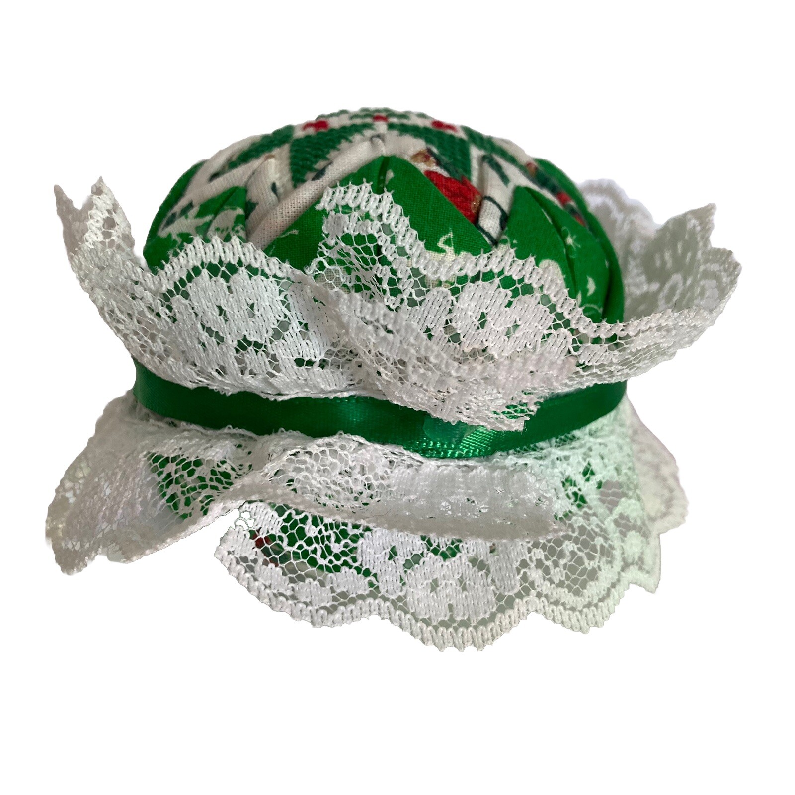 Vtg Hand Crafted Quilted Folded Star 4” Ball Christmas Tree Ornament Joy Lace