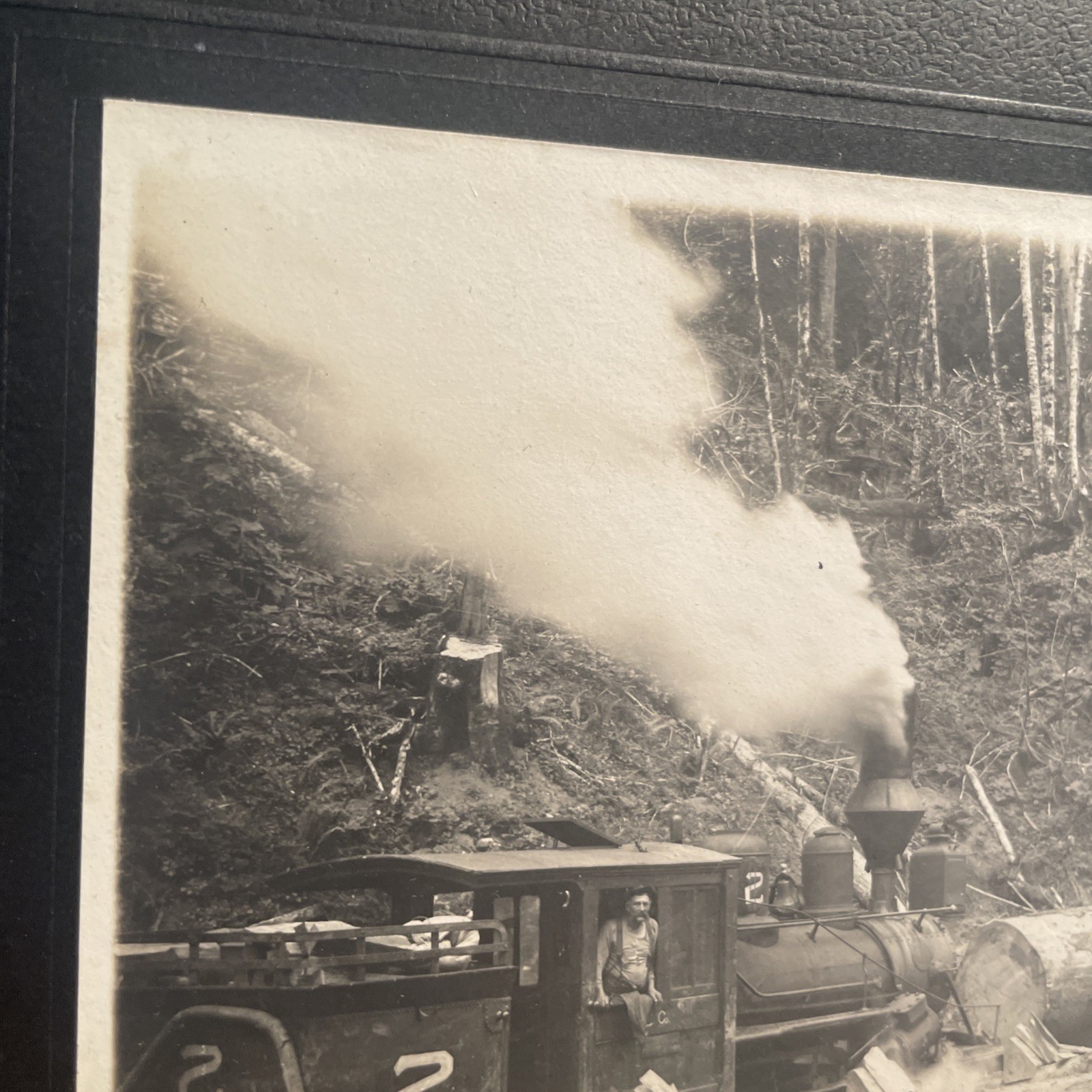 Antique PNW Logging Train Logging Camp, Billy Winters Engineer Photo On Board