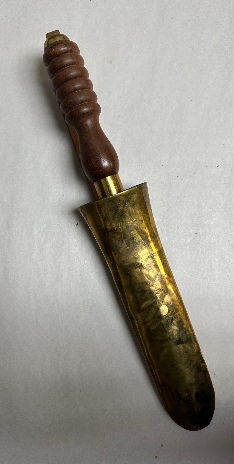 UNKNOWN ORIGIN DIVING KNIFE BLADE MARKED WITH REPLACEMENT LEATHER LOOP.