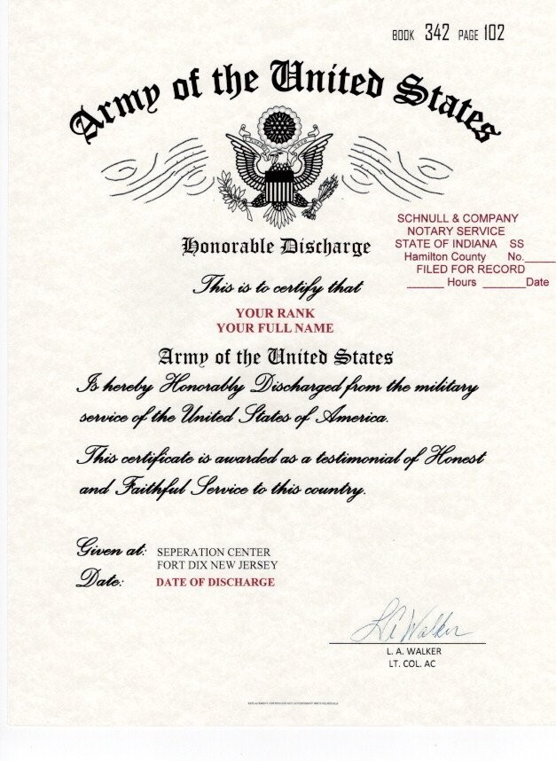 Army of the United States – Honorable Discharge Replacement Certificate