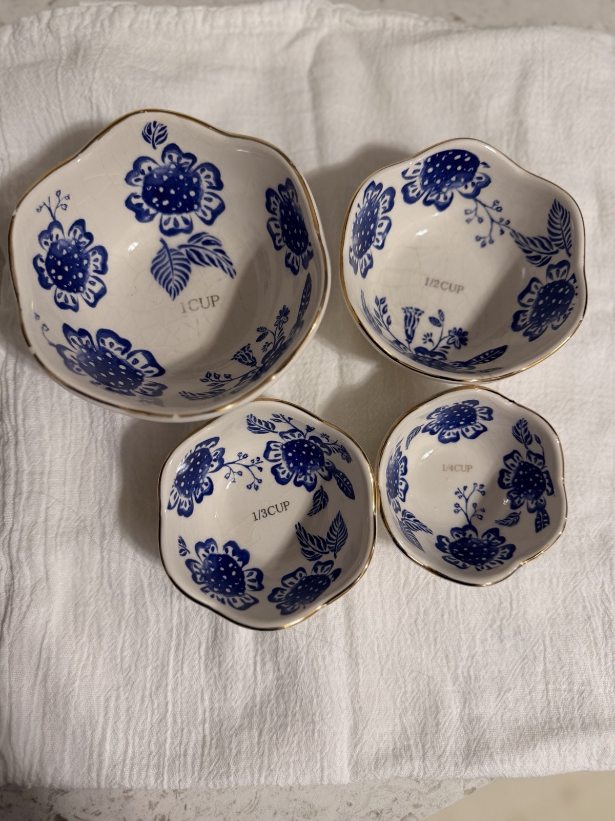 Blue White Floral Nesting Measuring cups Set Gold Trim Farmhouse Cottage Decor