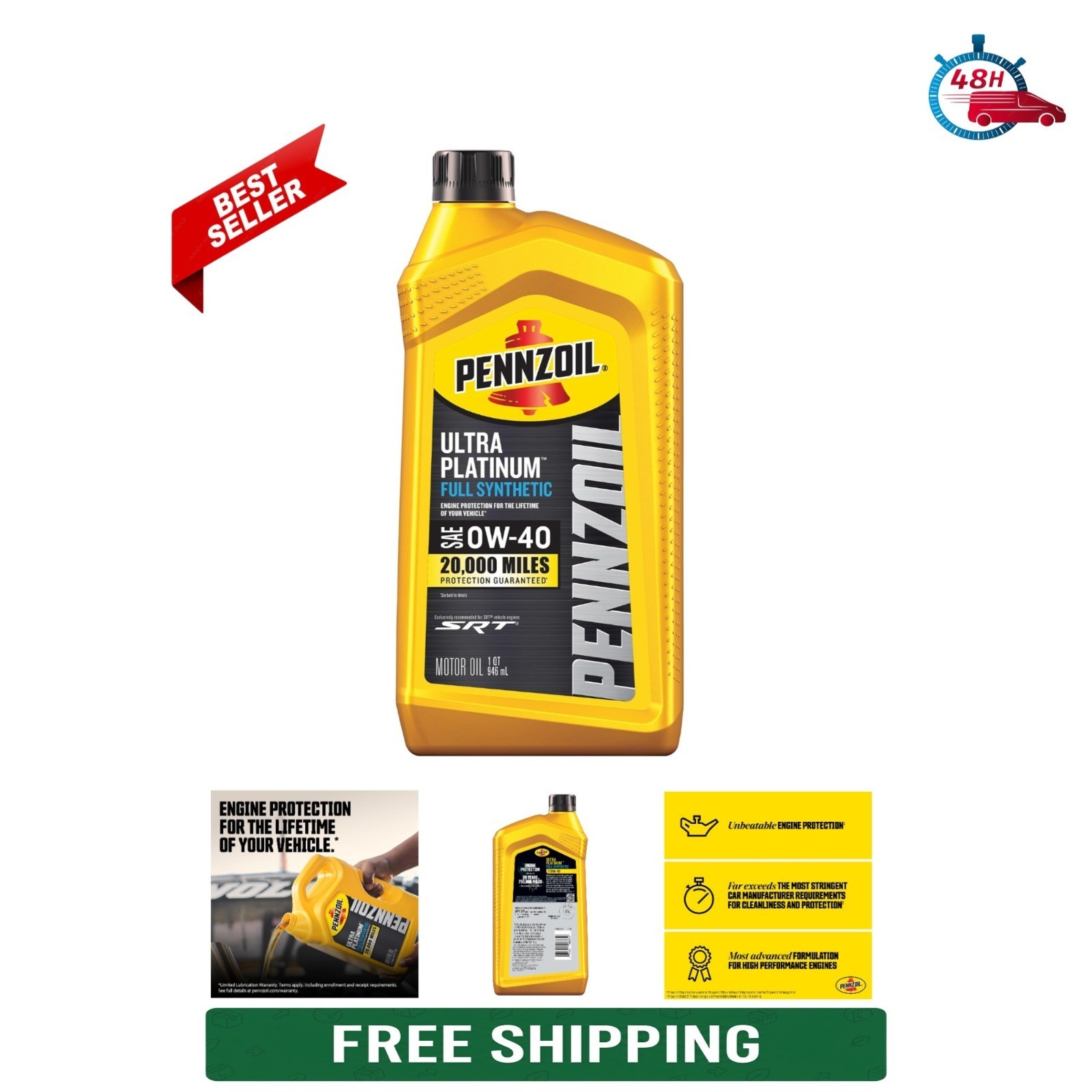 Pennzoil Ultra Platinum Full Synthetic 0W-40 Motor Oil Quart Can