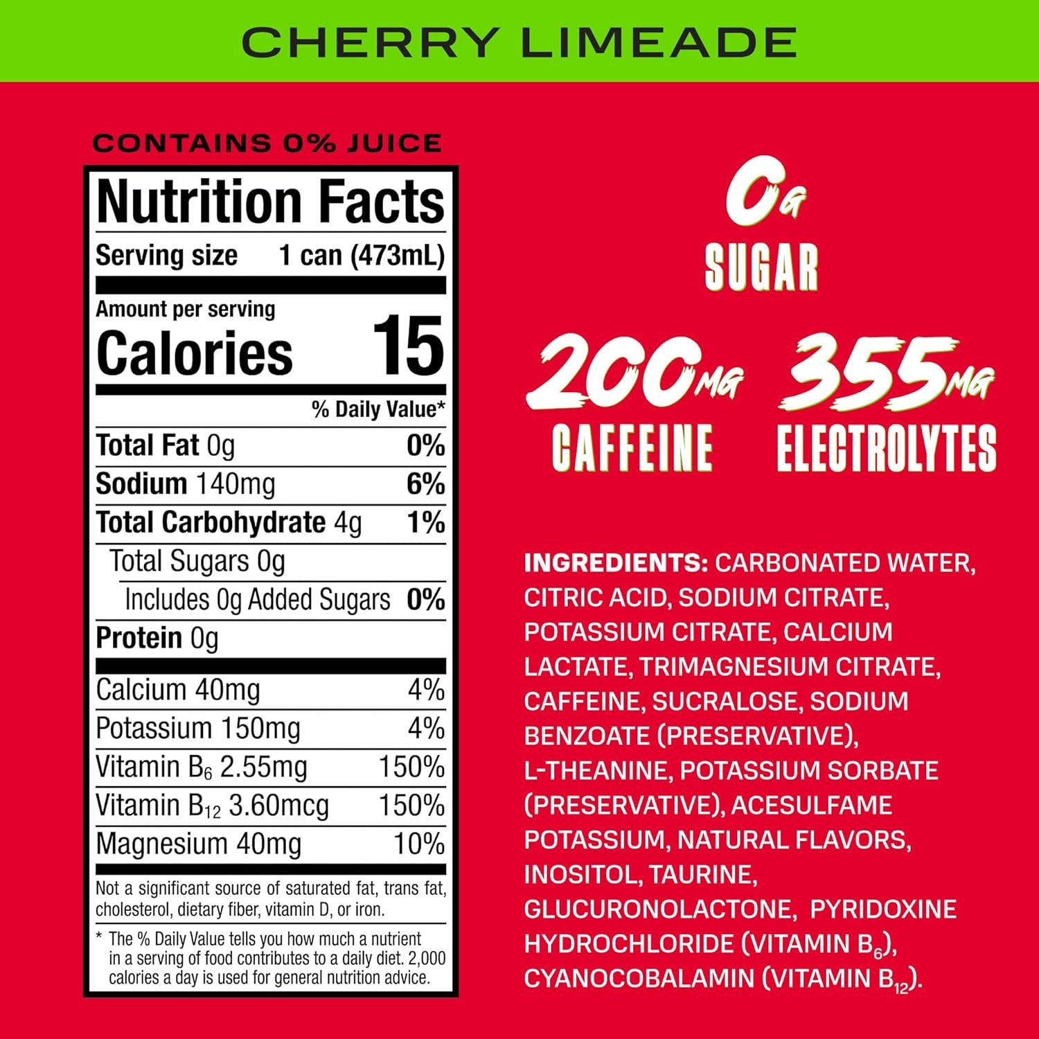 PRIME Energy CHERRY LIMEADE, Zero Sugar Energy Drink, 200mg Caffeine and 355mg