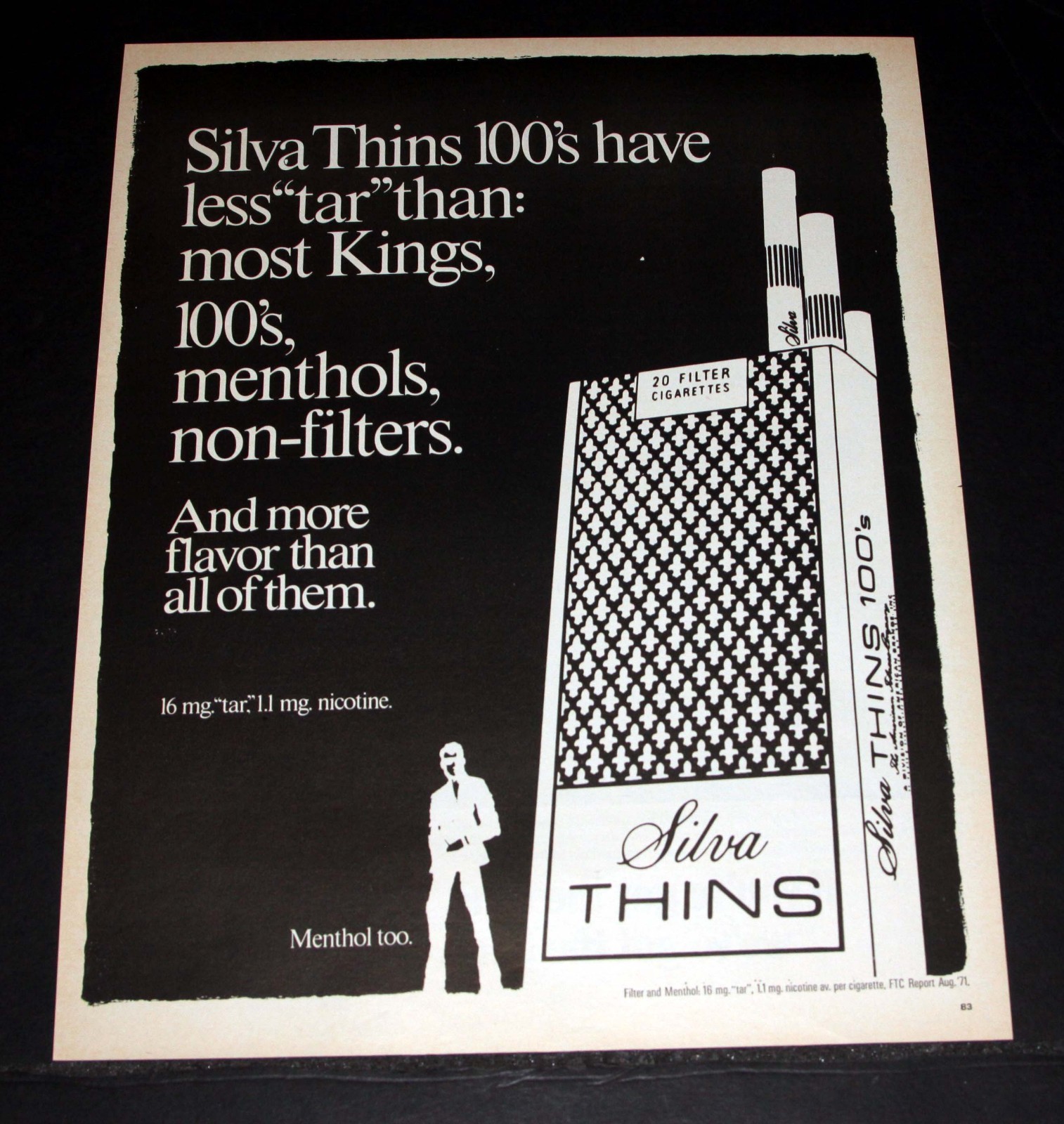 1971 OLD MAGAZINE PRINT AD, SILVA THINS 100’S, MENTHOLS, NON-FILTER CIGARETTES!