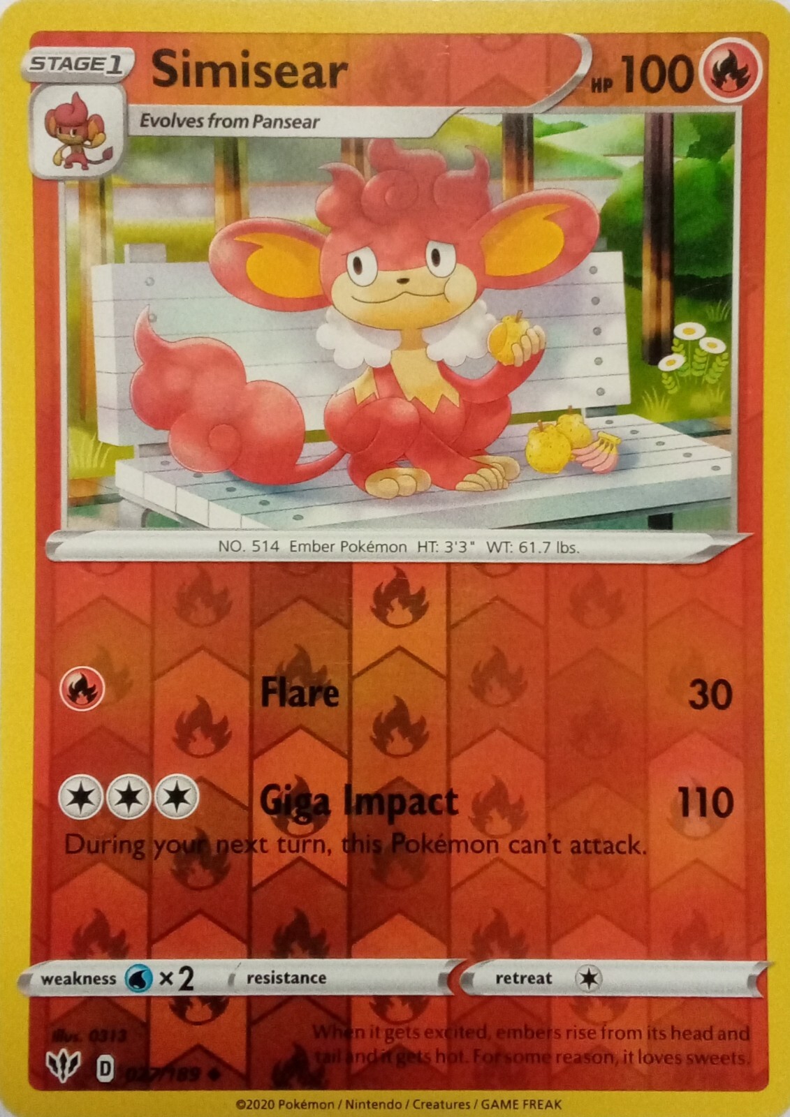 027/189 SIMISEAR REVERSE HOLO DARKNESS ABLAZE POKEMON CARD