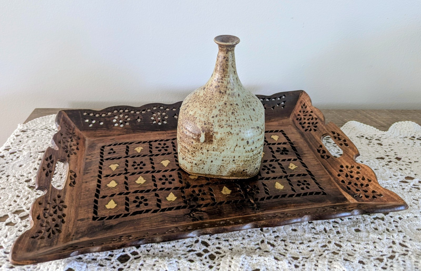 Vintage Hand Carved Wood Tray Brass Inlay Pierced Fretwork Boho Global Decor 15”