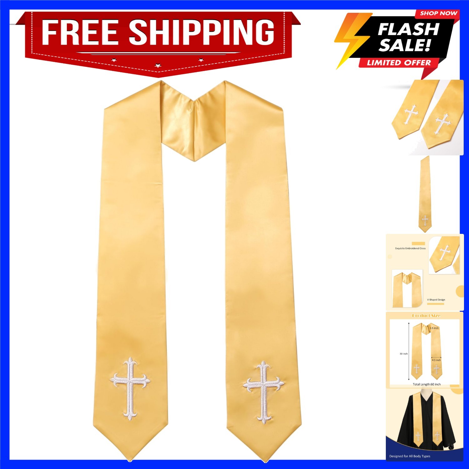 Unisex Adult Clergy Stole with Embroidered Cross Wedding Stole Church Choir S…