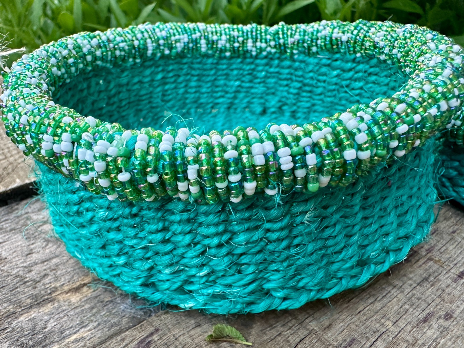 African Handcrafted Turquoise Beaded Baskets Sisal Bright Beads 6” and 4″