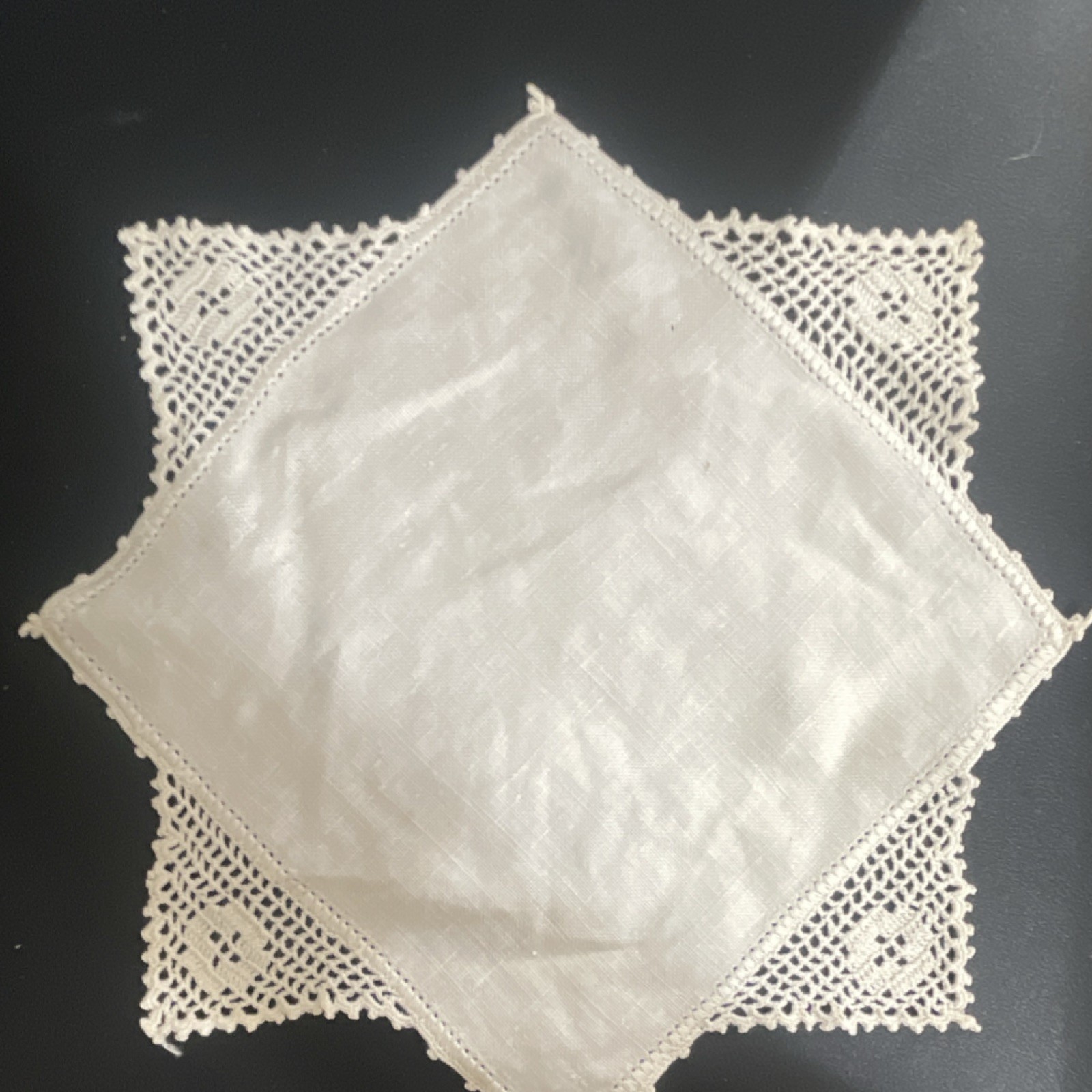 White Linen Lace Crochet Doily, Square, Handmade, Less Than 10 in
