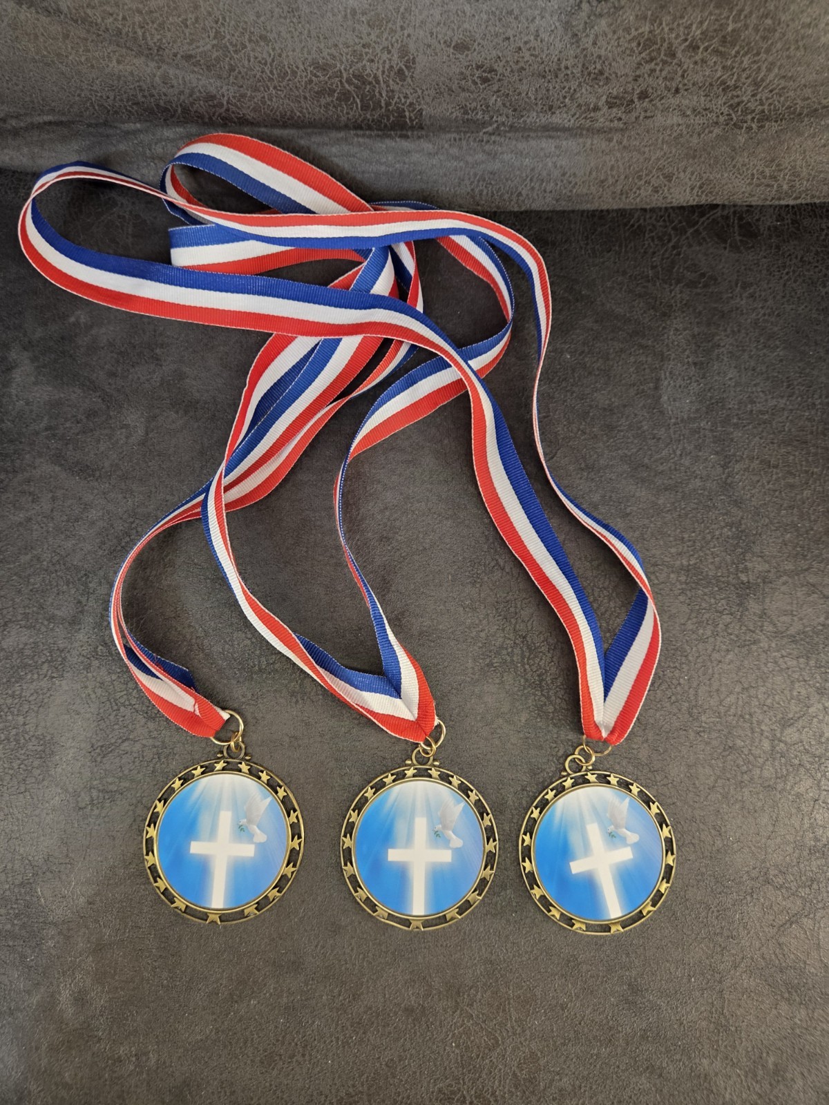 Set of 3 Religious Medals White Cross Peace Dove Blue Sky Red White Blue Ribbons