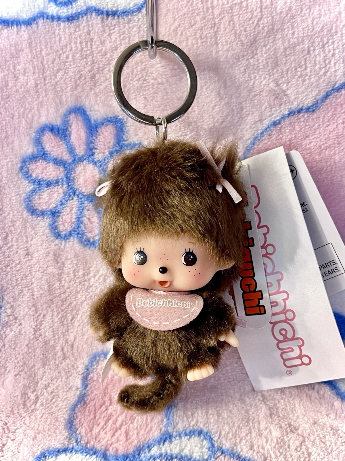Sekiguchi Monchhichi Bebichhichi Girl Big Head 4″ Keychain w/ Pink Bib/Bows NWT