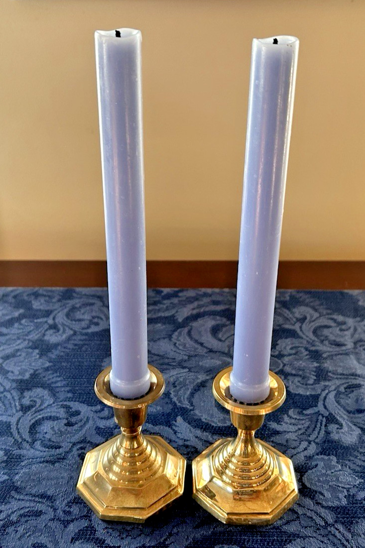 Vtg Brass Candle Holder Pair for Taper Candles 3.5″ Octagon Base Made in India