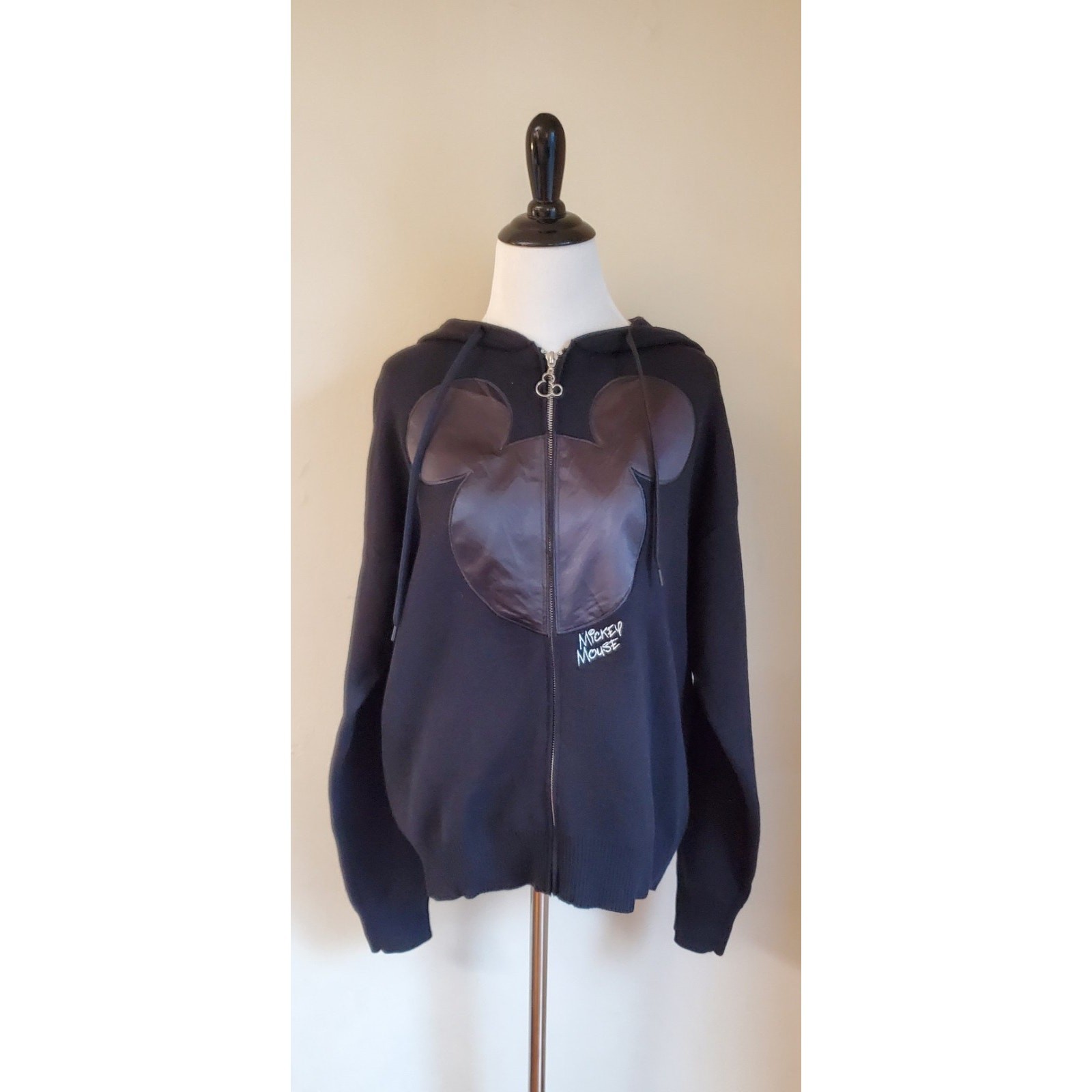 NWT Box Lunch Disney Satin Mickey Ears Black Zip Up Hoodie Sweater Women’s Sz L