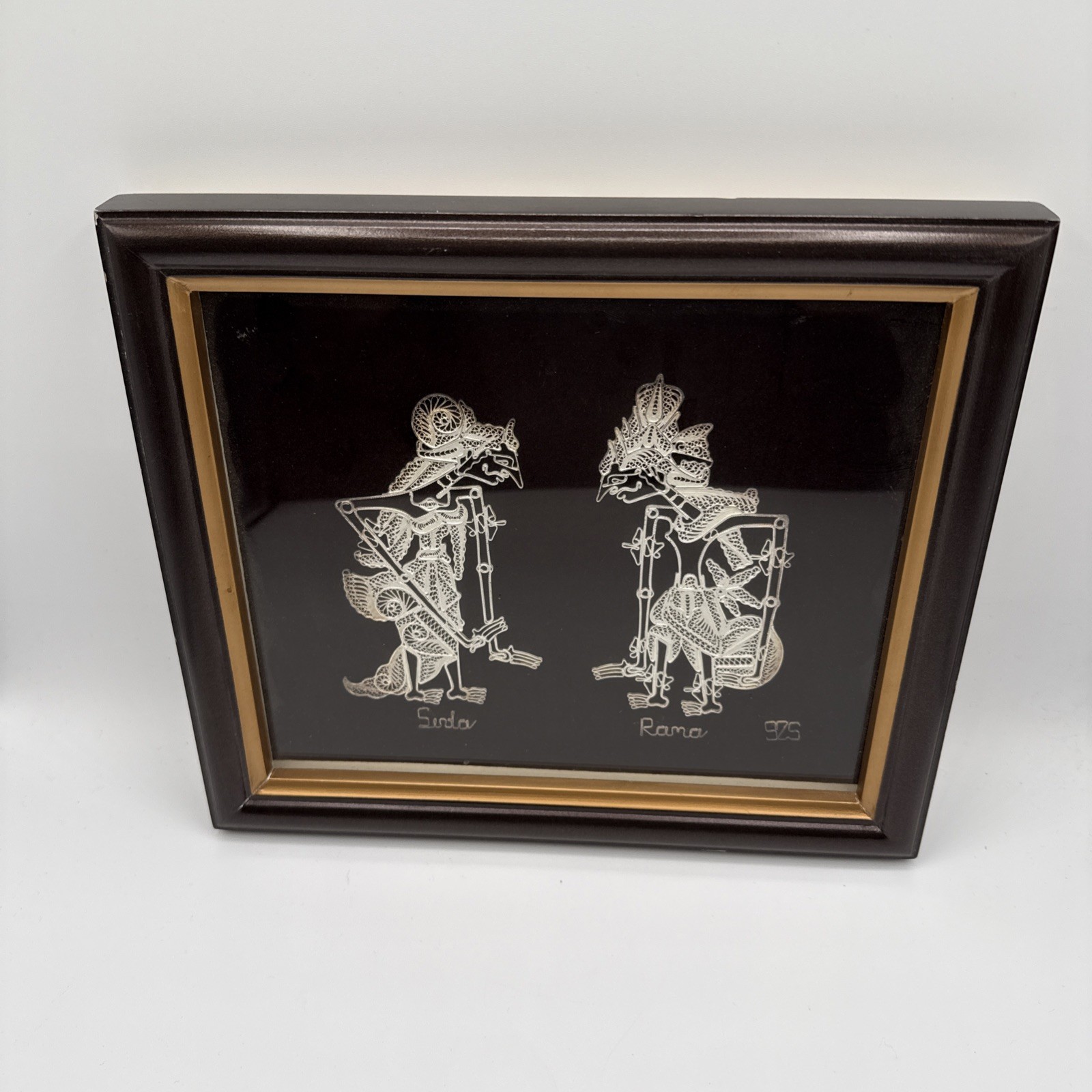 Wayang Kulit Wall Art Framed Indonesian Bali 925 Silver Filigree Shadow Puppet