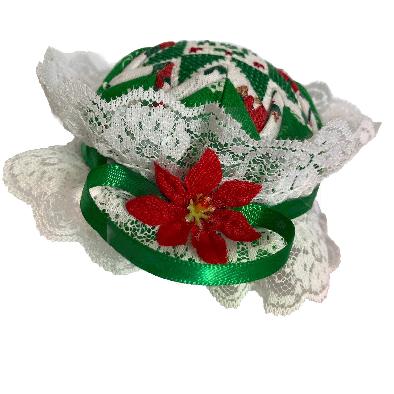 Vtg Hand Crafted Quilted Folded Star 4” Ball Christmas Tree Ornament Joy Lace