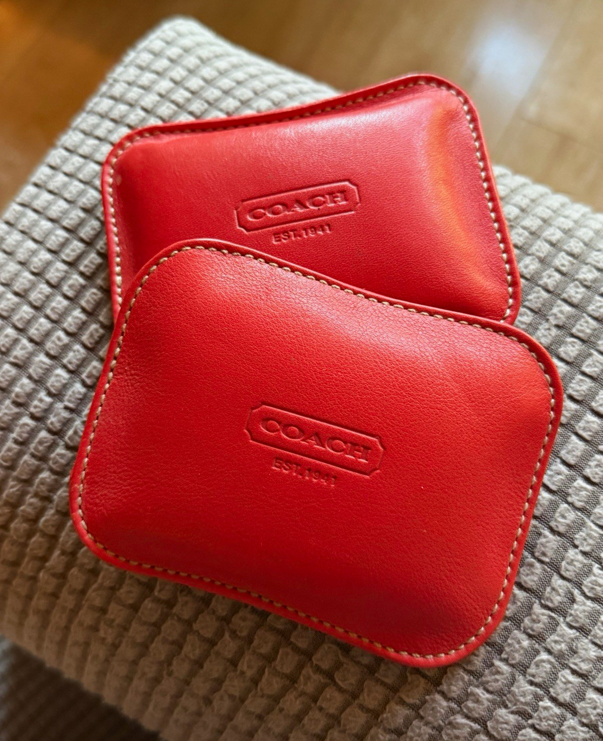 COACH Est. 1941 Red Leather Paperweights, Solid, Logo/Stitched Accents, 2pc
