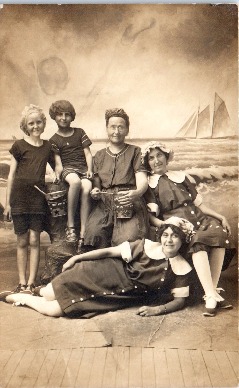 1910s Anonymous People in Bathing Costumes Studio Real Photo Postcard