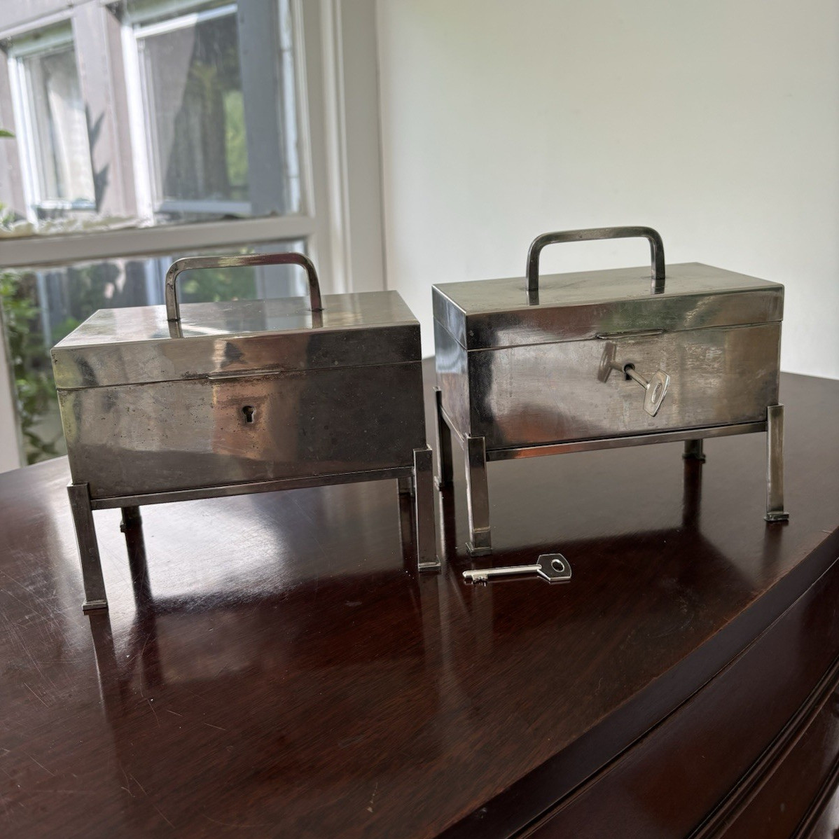 Set of 2 Silver Metal trinket Boxes w/ keys Rectangle Solid Industrial on stands
