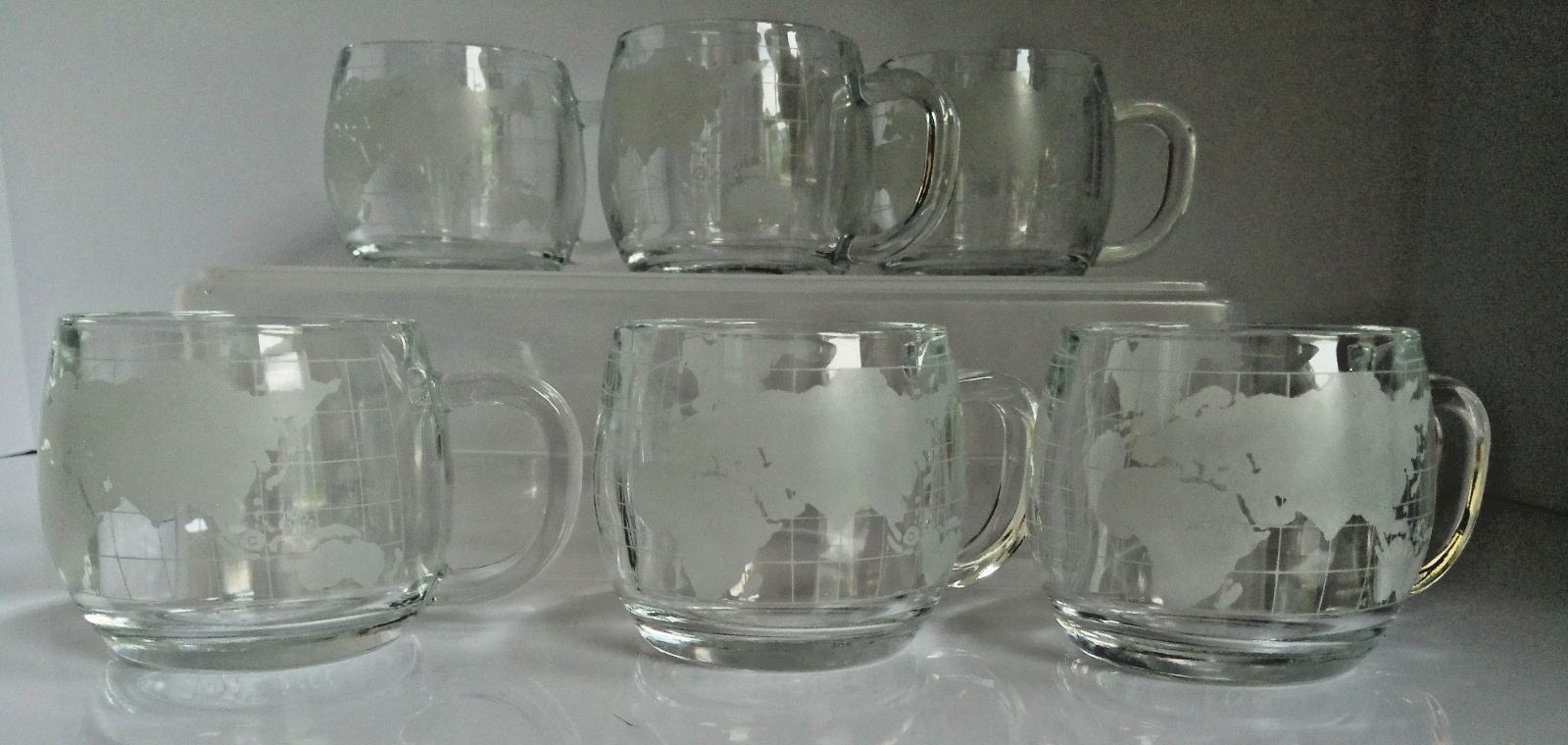 Set of 6 Vintage Nestle Nescafé Etched Glass Globe World Map Mugs Cups