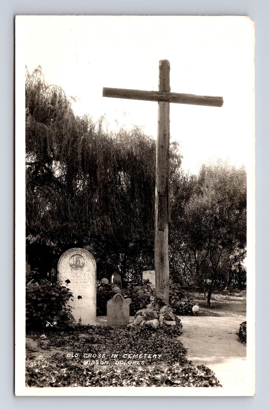 RPPC Mission Delores Old Cross in Cemetery Graveyard San Francisco CA Postcard