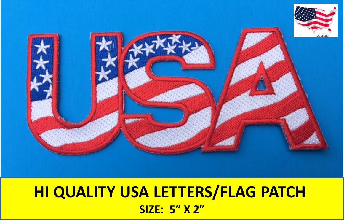 USA LETTERS AMERICAN FLAG EMBROIDERED PATCH IRON SEW-ON (5″x 2″)- HIGH QUALITY!!