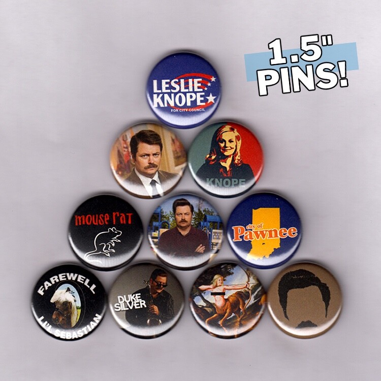 PARKS AND RECREATION 1.5″ PINS BUTTONS (ron swanson knope mouserat rec shirt)