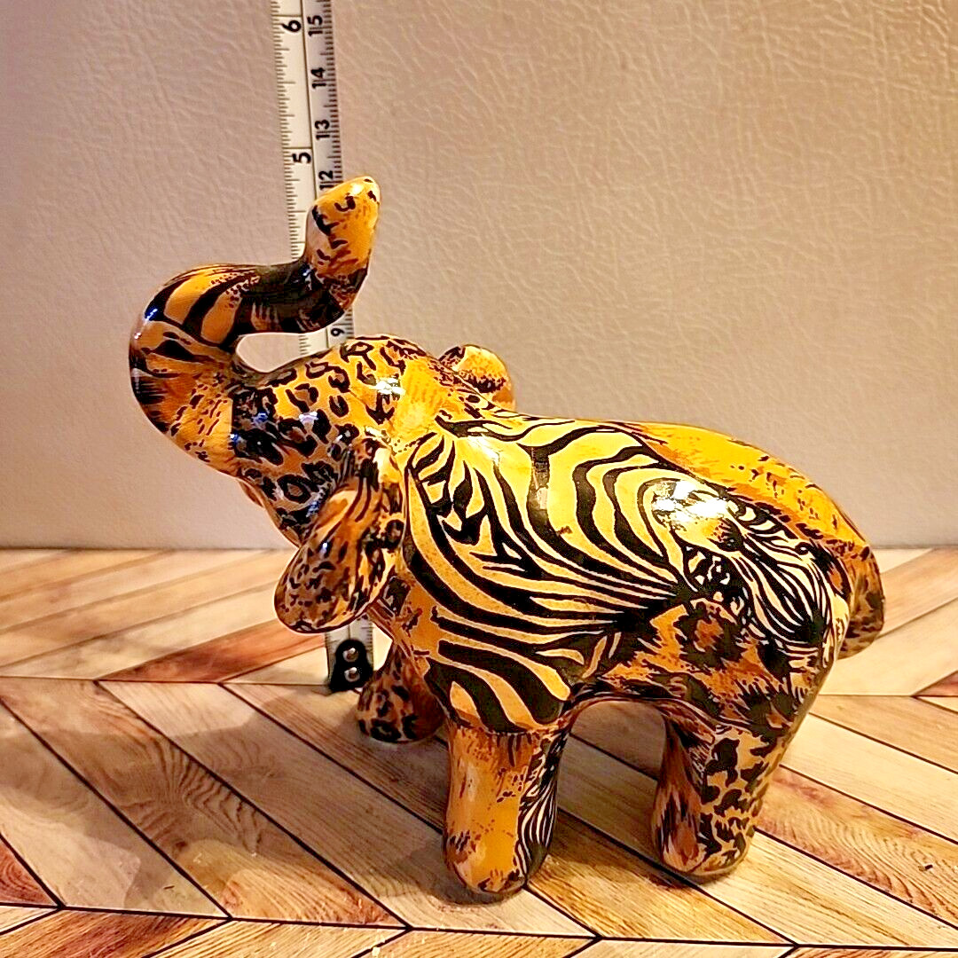 Patchwork Elephant Figurine Safari Animal Print 5″ Tall Ceramic