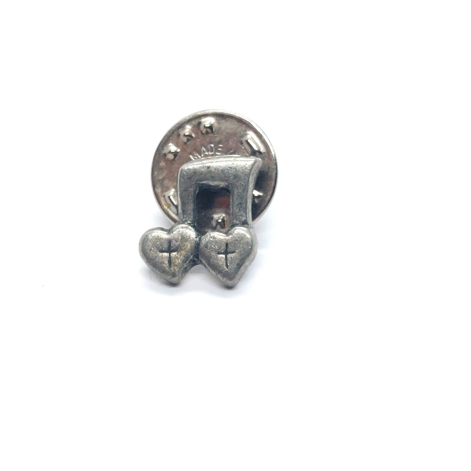 Musical Note Hearts Crosses Pin Silver Tone Lapel Vintage Worship Church