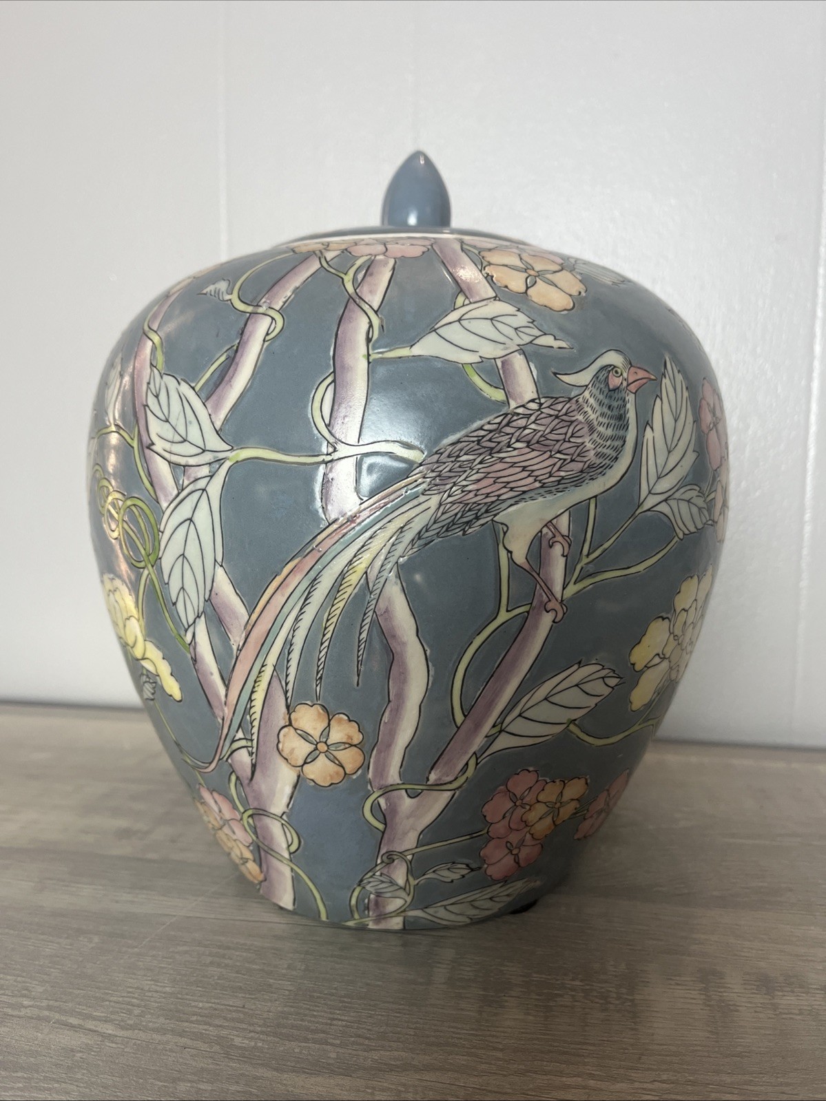 Vintage Decorative Crafts Inc Chinoiserie Ginger Jar Gray Blue Bird Heron Lotus