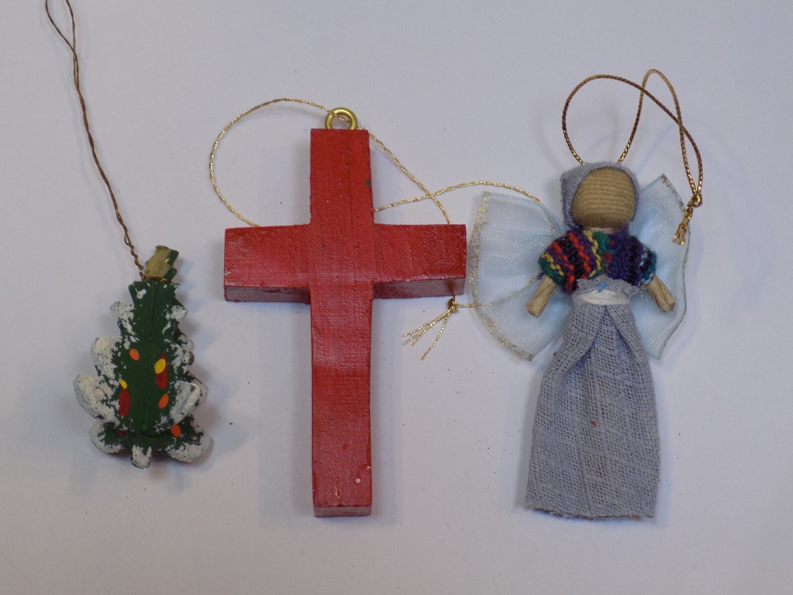 Wooden Red Cross Fabric Angel Wing Christmas Ornament Green Tree Folk 3 Set Lot