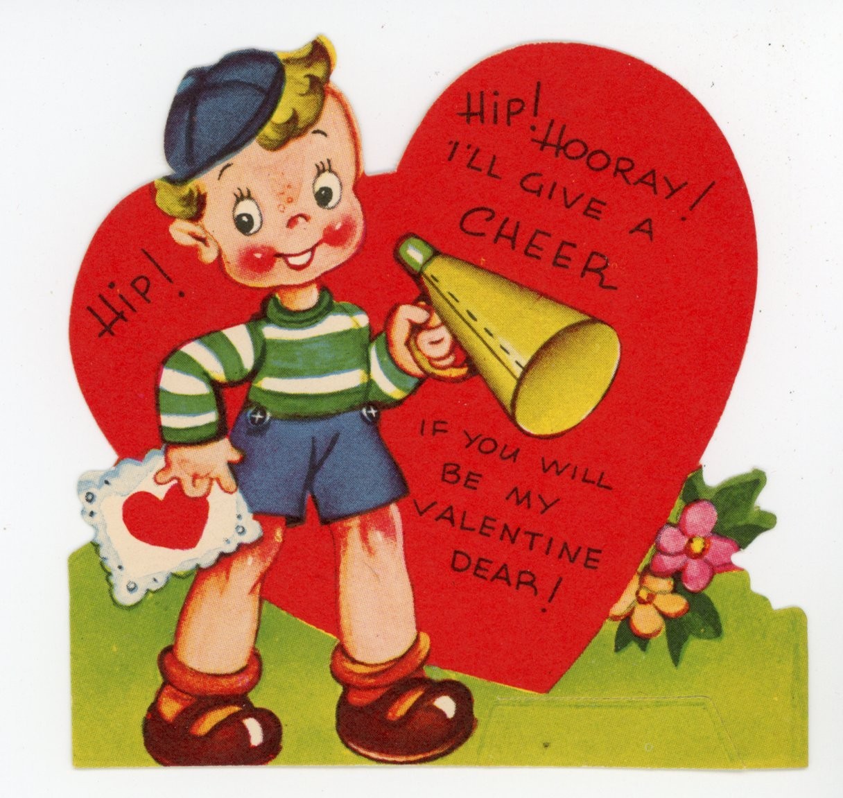 Vintage 1940/50’s Die-cut Valentine Card Boy Megaphone Cheer Standup A-Meri-Card