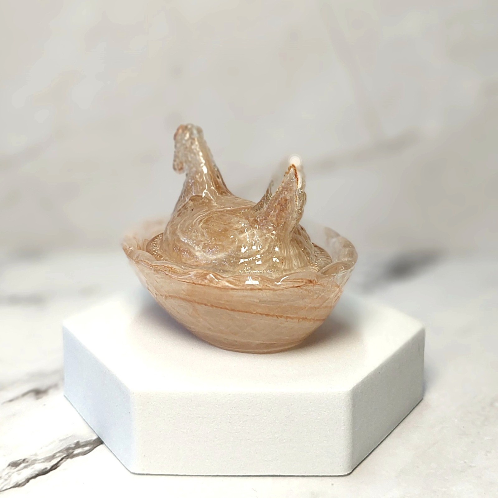 Chocolate Swirl Hen on Nest Mini Chicken Salt Dish, Depression Style Glass