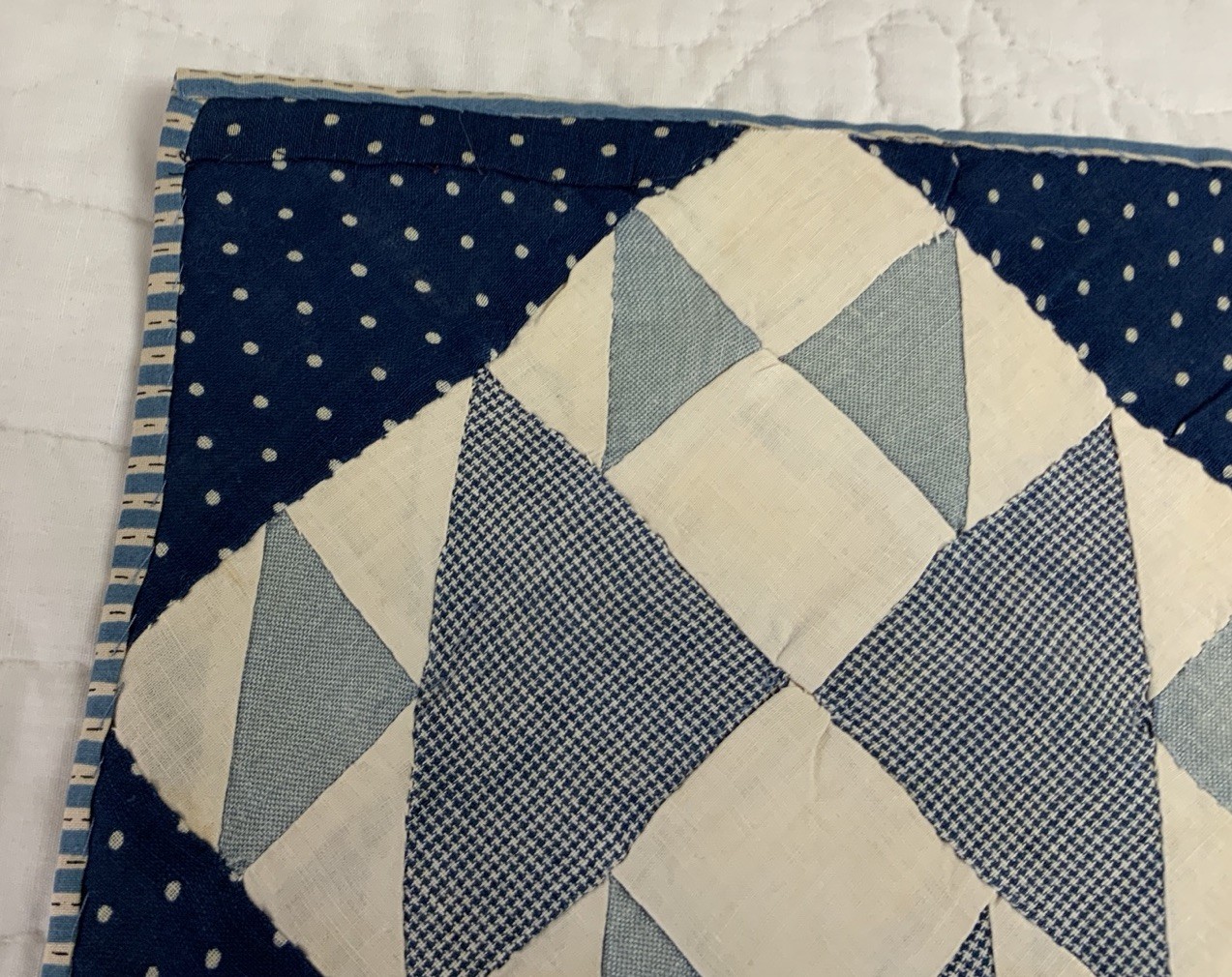 Antique Vintage Patchwork Quilt Table Topper, Four Patch W/ Triangles, Blue