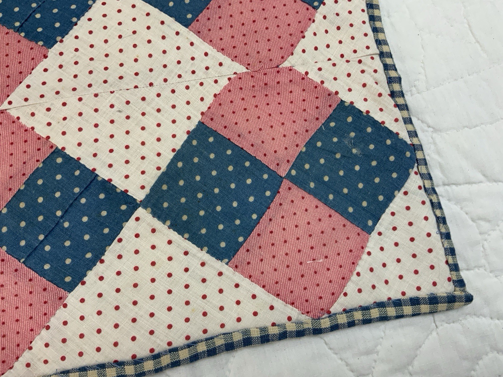 Vintage/Antique Patchwork Quilt Table Topper, Four Patch, Pink, Blue, Dots