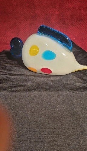 White Art Glass Fish Paperweight Figurine Sculpture with Clown Colors 4″