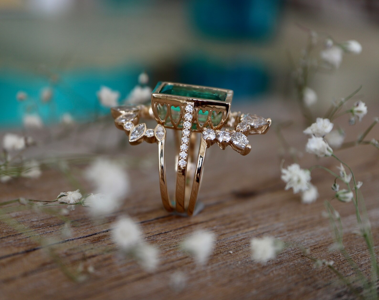 Rectangle Emerald & Diamond Halo Bridal 3 Rings Set-18K Yellow Gold Over Sizable
