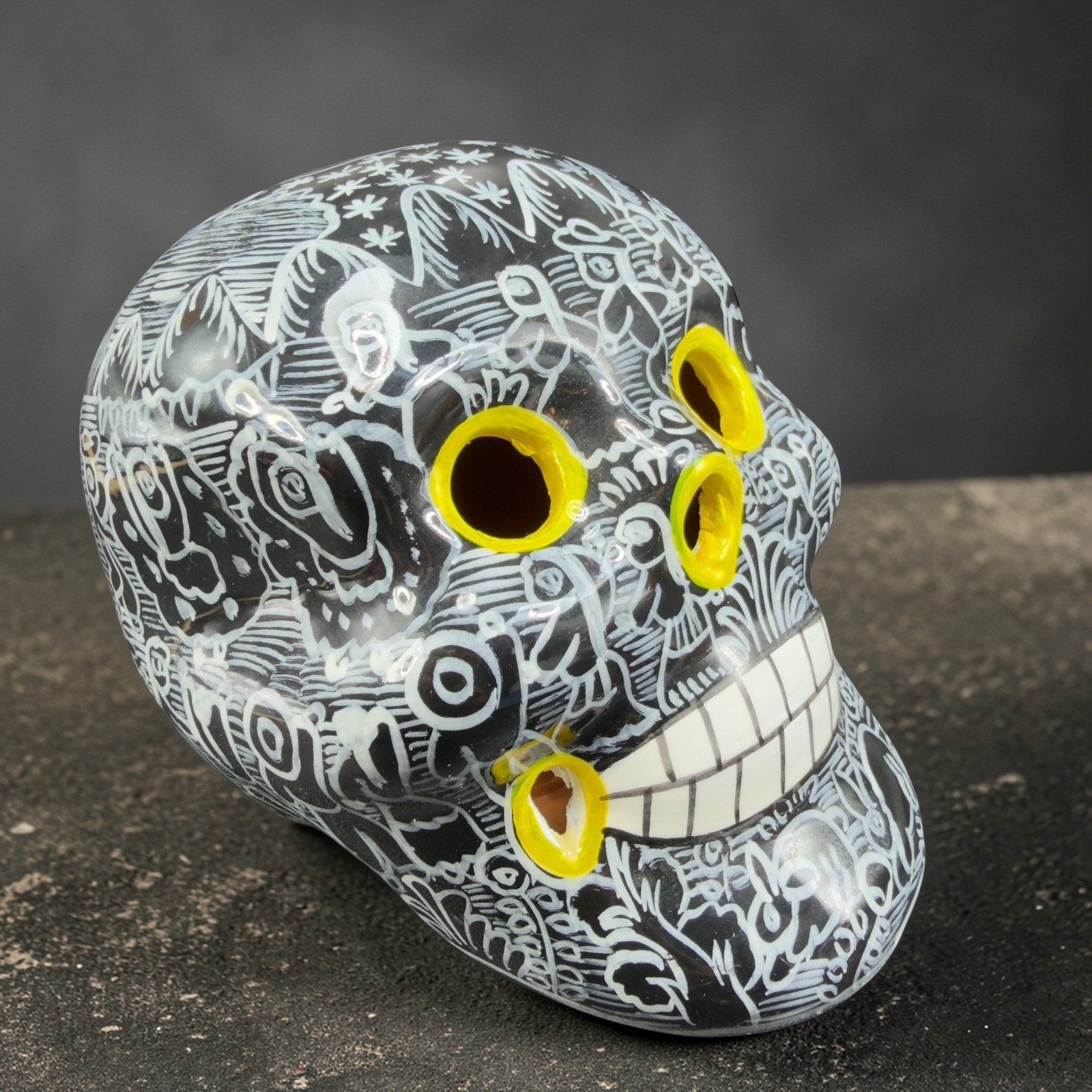 Mexico Painted Ceramic Sugar Skull Black White Yellow Folk Art Day of the Dead