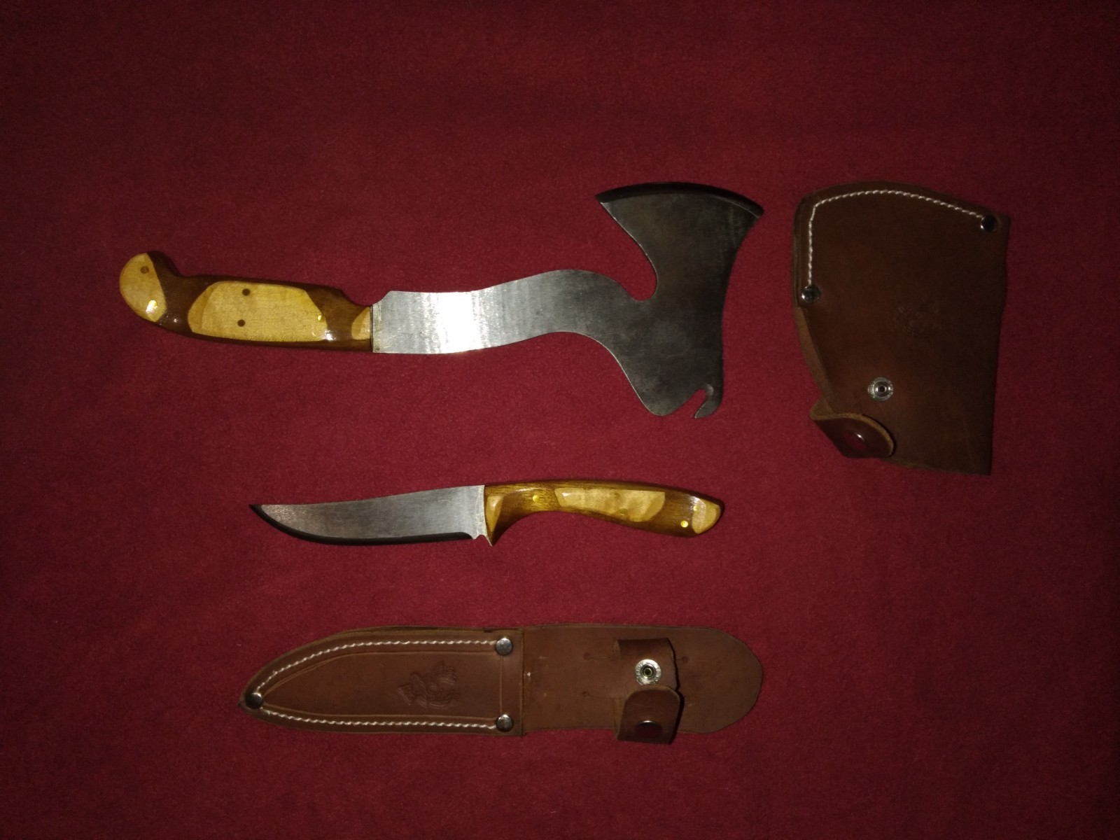 JP Custom Made Hatchet and knife set with leather sheath