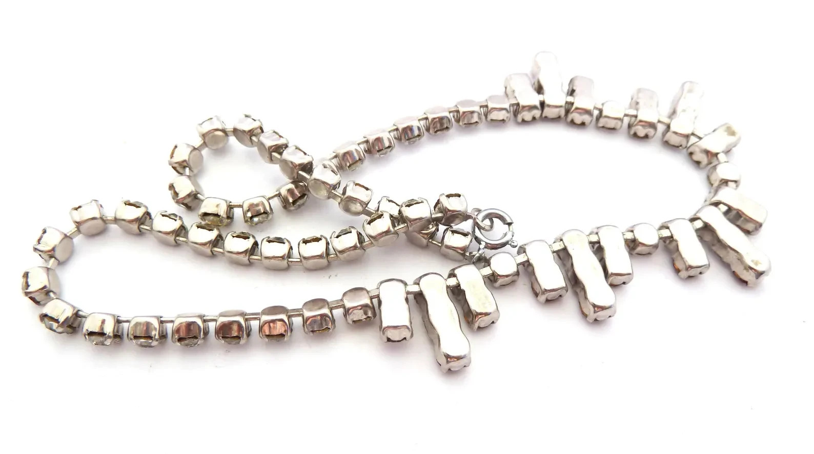 Estate Red Ruby & Diamond 18K White Gold Over Geometric Drop Choker 16″ Necklace