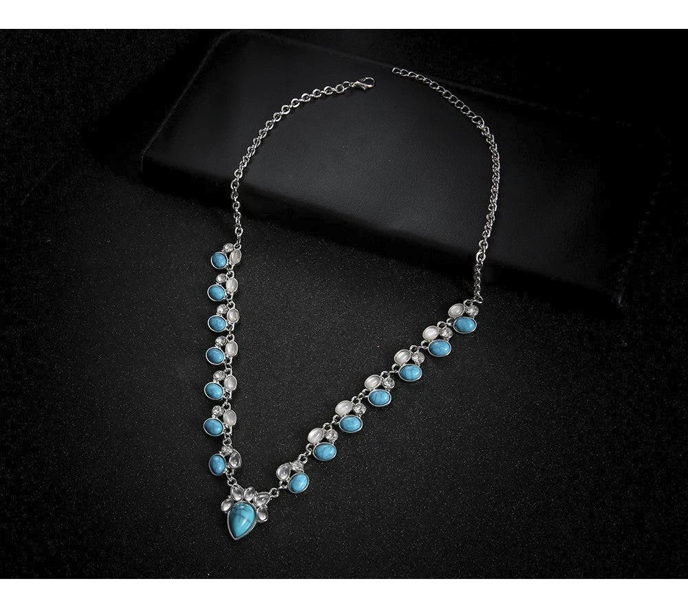 Pear Drop Turquoise Moonstone 14K White Gold Over Diamond 16″ Necklace For Women