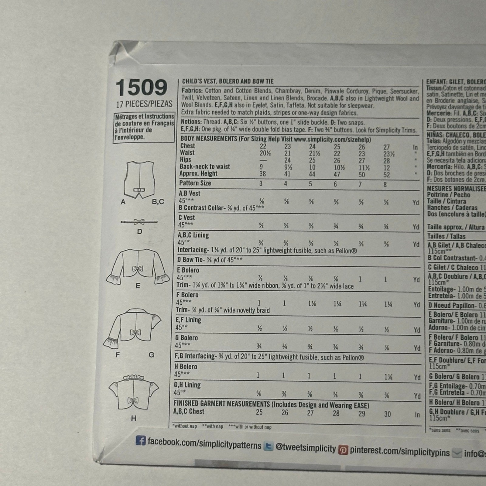 Simplicity 1509 Sewing Pattern Child Unisex Uncut Vest Bolero Bow Tie