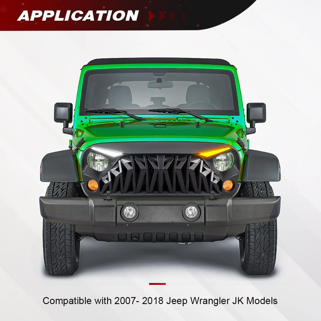 Front Grill Compatible with 2007-2018 Jeep Wrangler JK JKU, Shark Grille W/Drl T