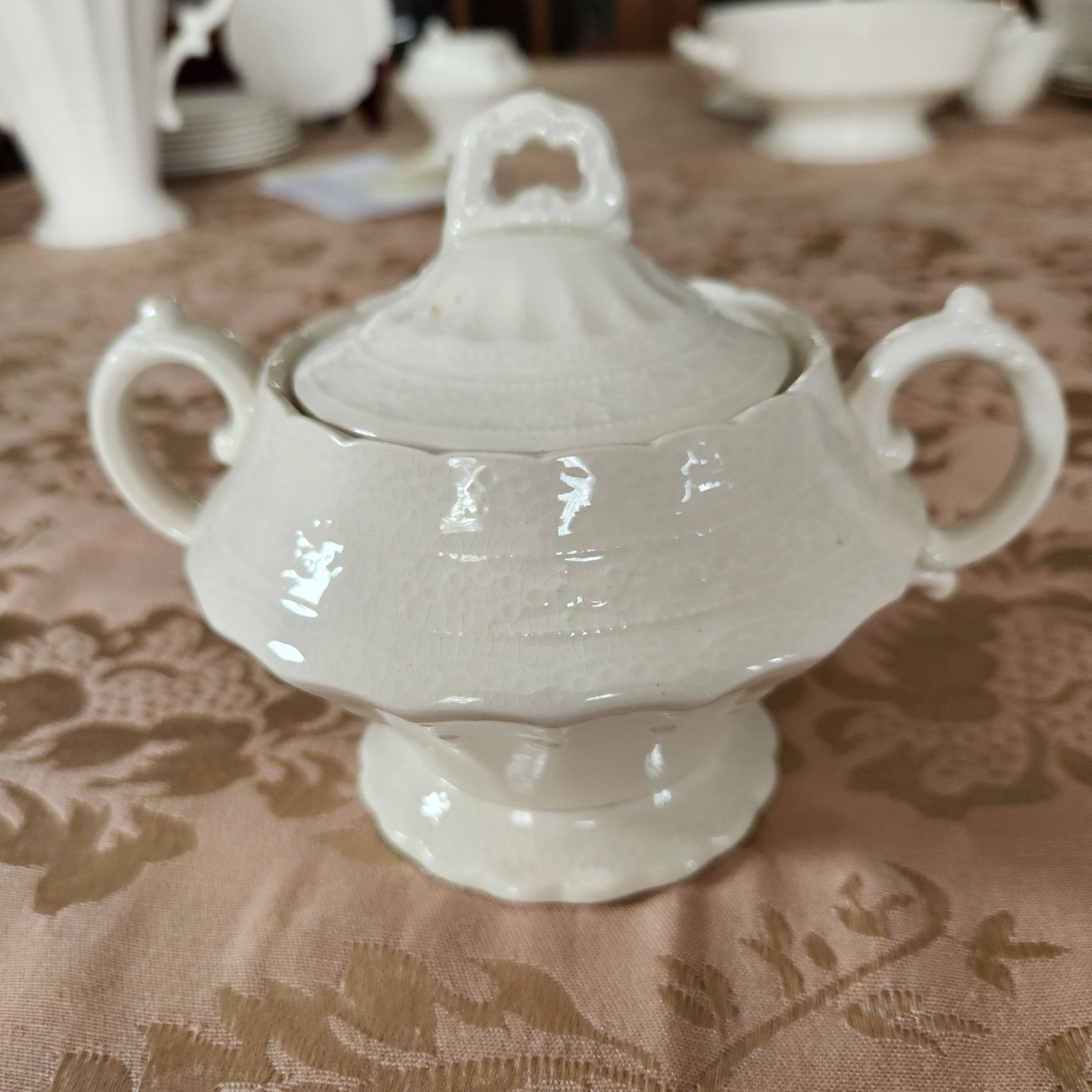 Copeland Spode Jewel Sugar Bowl with Lid England White Ivory Lace Vintage