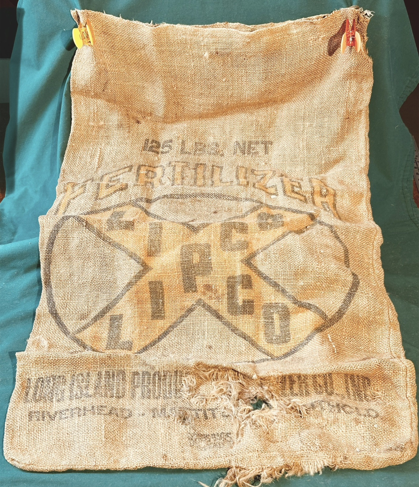 Burlap Bag Lipco Fertilizer Produce 125 LB Long Island NY 21”x33” Distressed Vtg