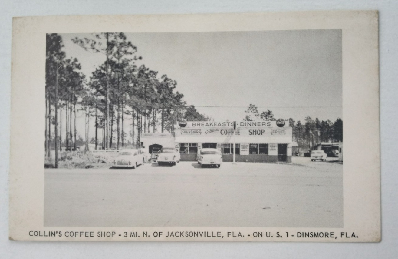 DINSMORE JACKSONVILLE FL POSTCARD COLLINS COFFEE SHOP 1950s COKE SIGNS RPPC?