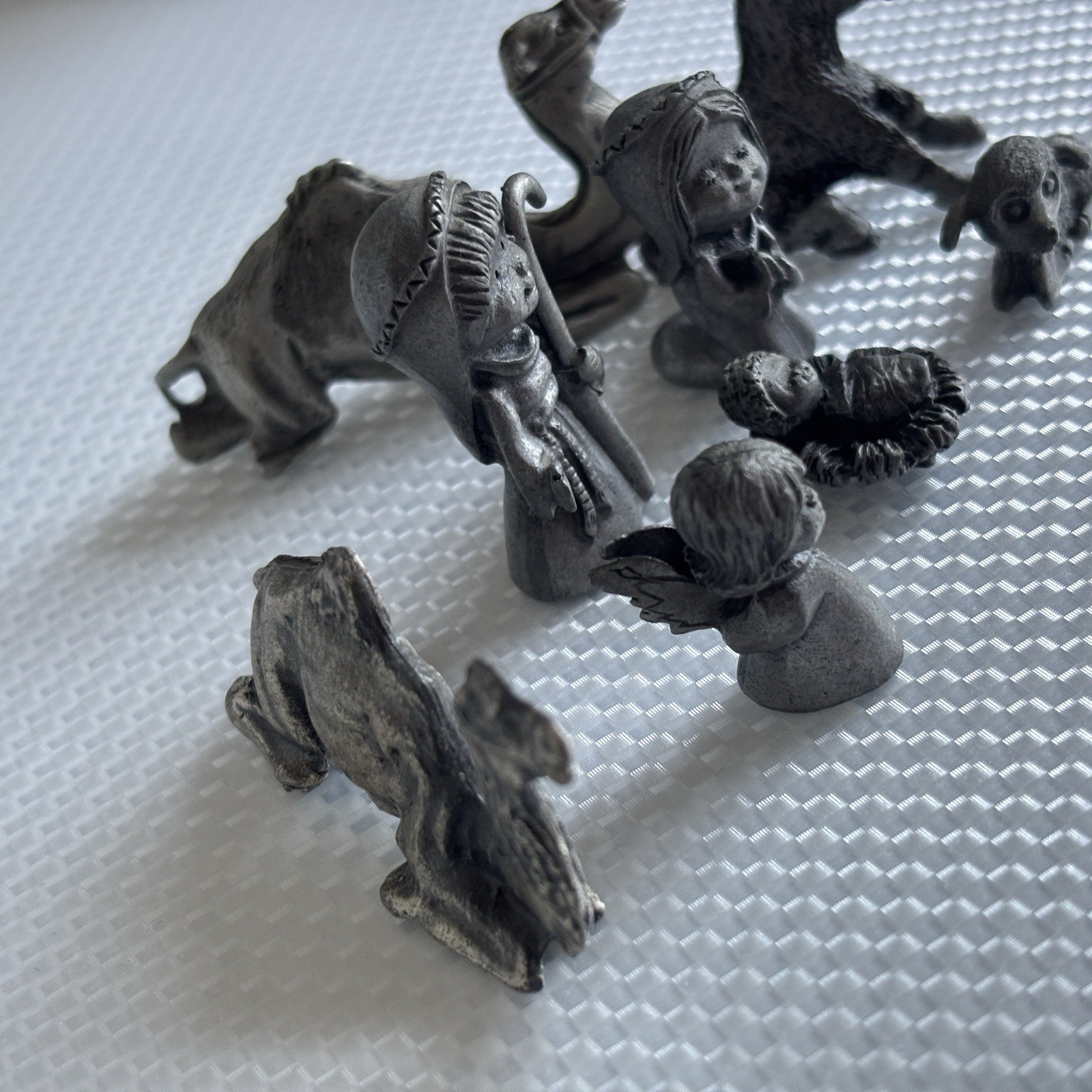 Vintage Mini Pewter Nativity Set 8 Pc Mary Joseph Jesus Camel Donkey Lamb