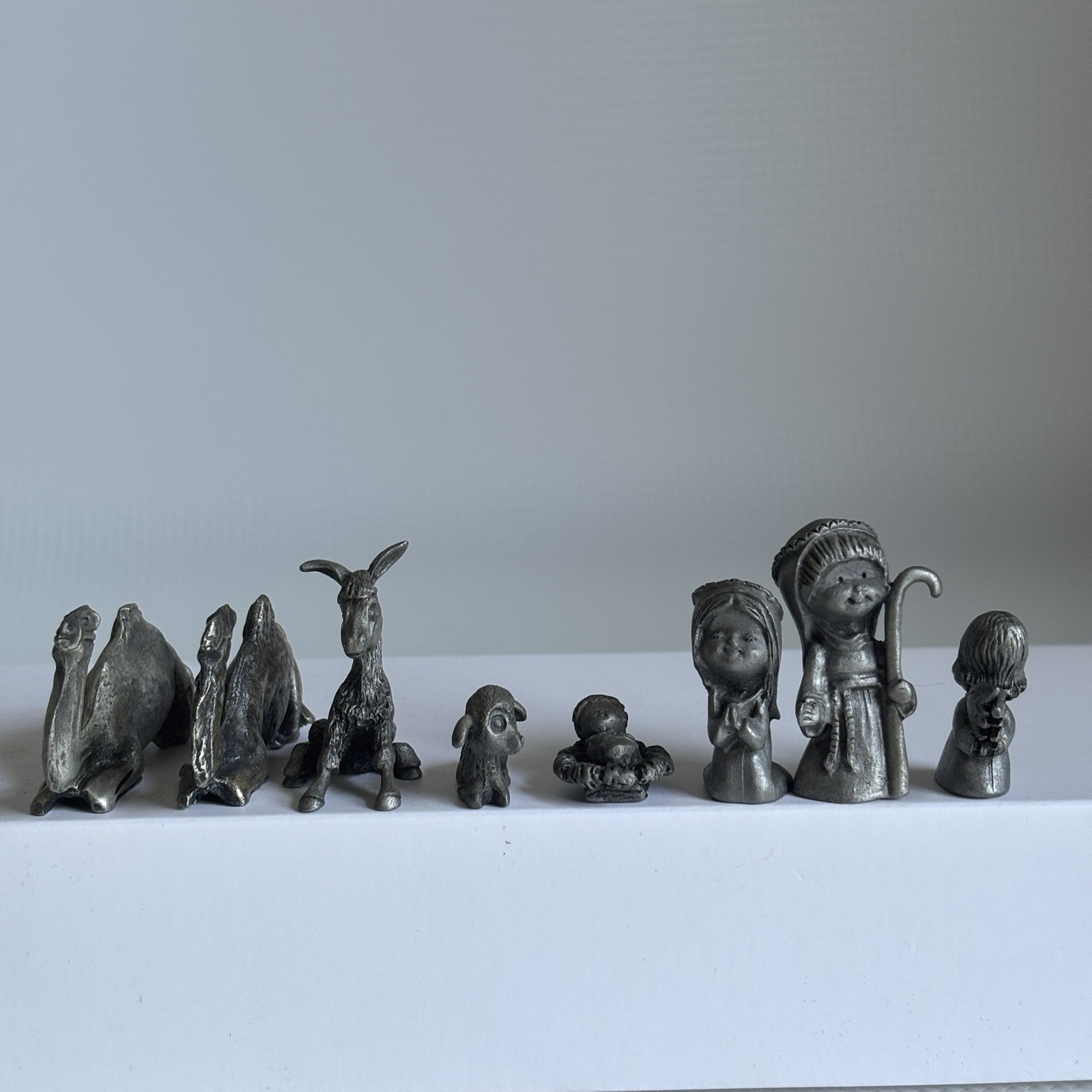 Vintage Mini Pewter Nativity Set 8 Pc Mary Joseph Jesus Camel Donkey Lamb
