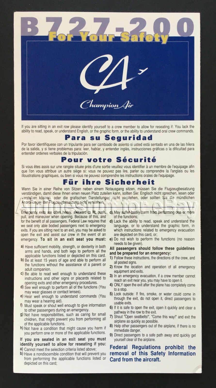 2005 CHAMPION AIR Boeing 727-200 SAFETY CARD airlines airways MSP Minnesota