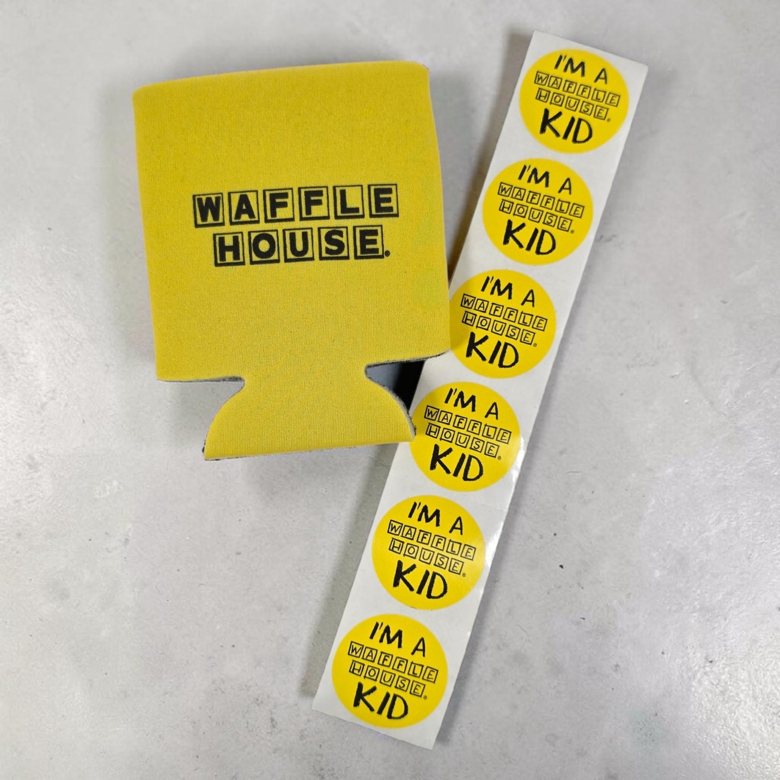 Waffle House Koozie Can Cooler Yellow Neoprene 6 I’m A Waffle House Kid Stickers