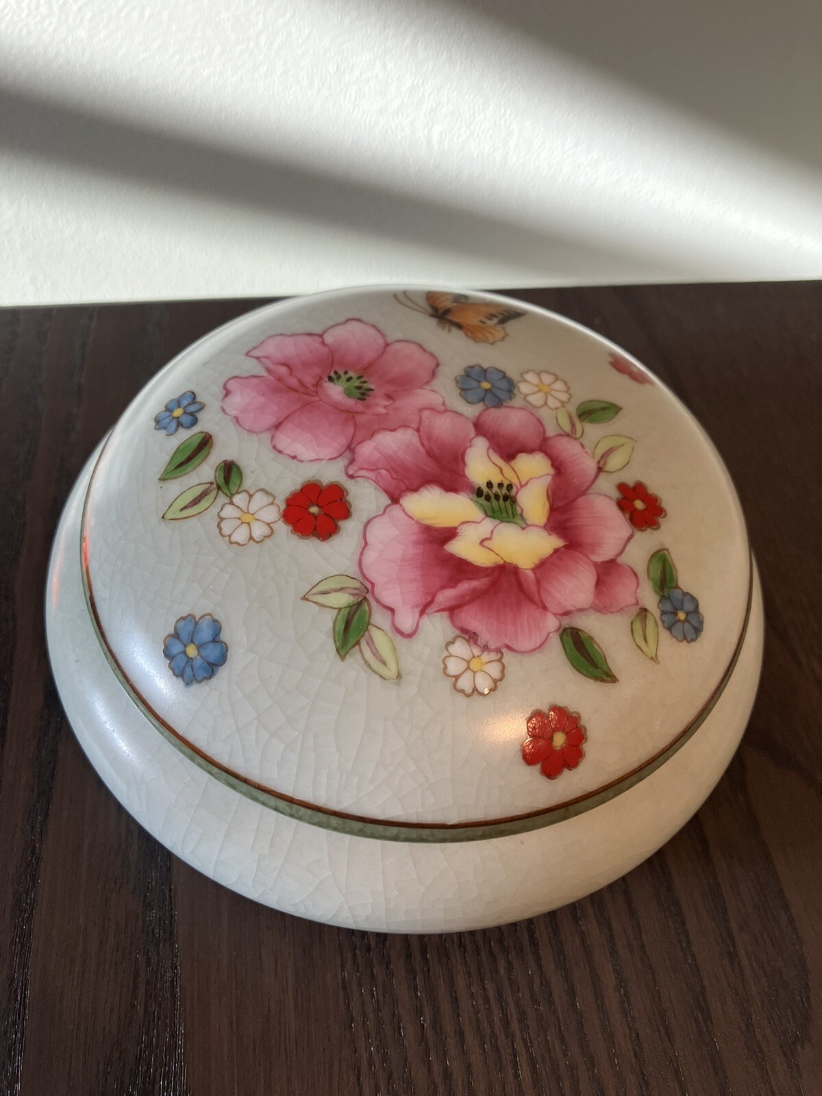 Ceramic Trinket Box. Hand Painted. Celadon Green Multi Colored Floral Lid.